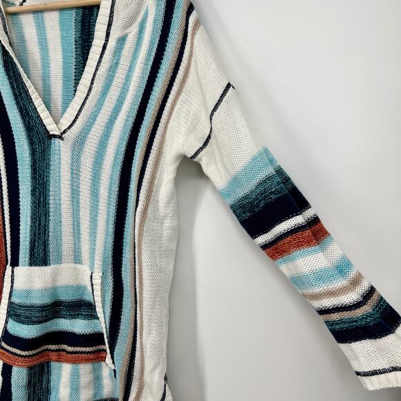 Soft Surroundings Bimini Knit Hoodie Sweater Medium Blue Striped Cotton Pullover - Picture 2 of 9